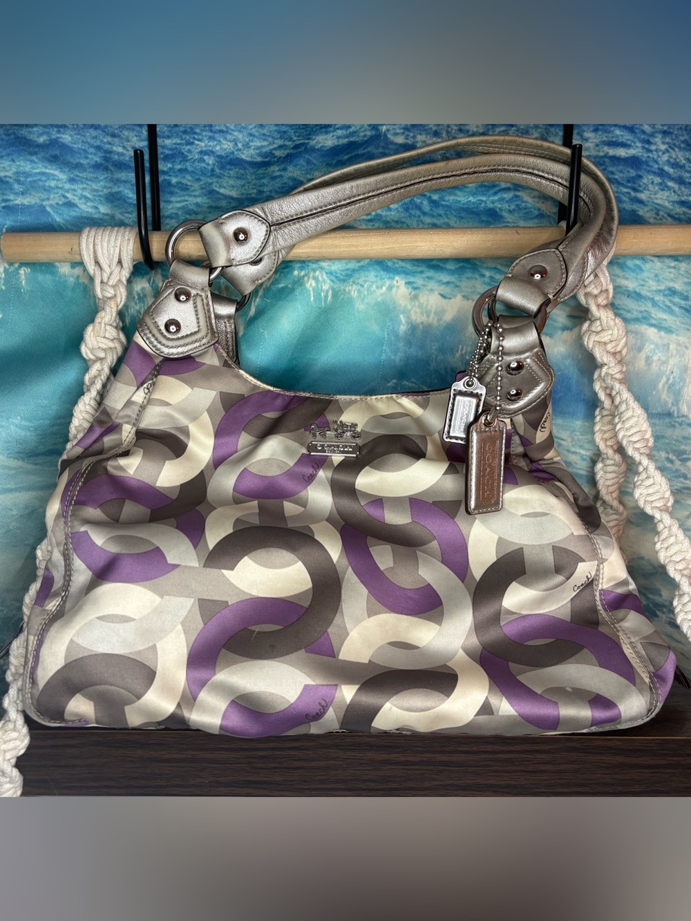 Coach Silver Metallic Handle Hobo Madison Optic Chainlink Maggie Shoulder Bag